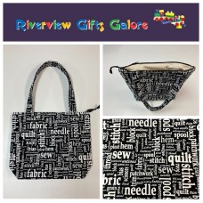 Medium Tote Bag with Zip- Sewing Words on Black Medium Tote Bag with Zip- Sewing Words on Black
